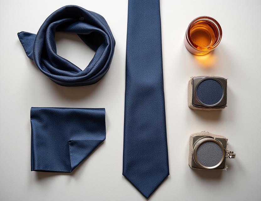 Una selezione di accessori di moda artigianali, tra cui una cravatta di seta e un fazzoletto da taschino.