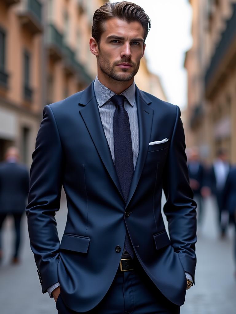 Uomo elegante che indossa un abito su misura blu scuro, simbolo del lusso maschile offerto da Sartoria Creativa.