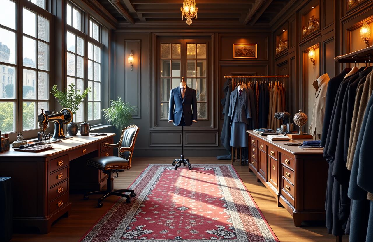 Interno dell'atelier Sartoria Creativa a Milano, con tessuti pregiati e strumenti da sarto.