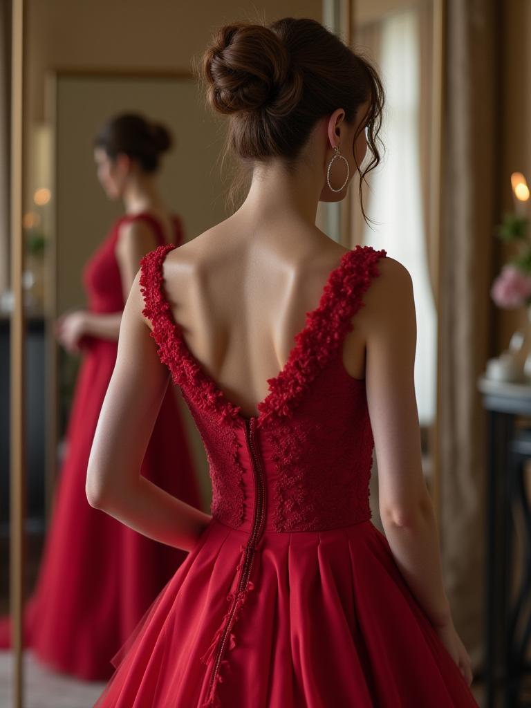 Donna che prova un elegante abito da sera su misura, esempio di lusso femminile e maestria sartoriale.